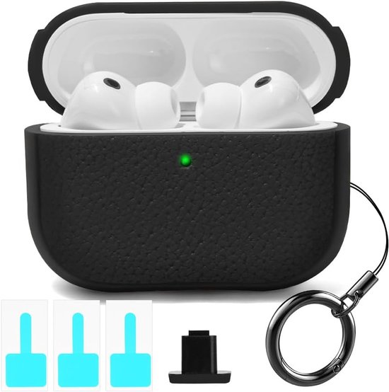 Hoesje Compatibel Met Airpods Pro 3 (2025), Tpu Schokbestendig Beschermhoesje Met Lederlook En Sleutelhangertje Voor Airpods Pro 3e, Led-Indicator, Ondersteunt Draadloos Opladen - Zwart