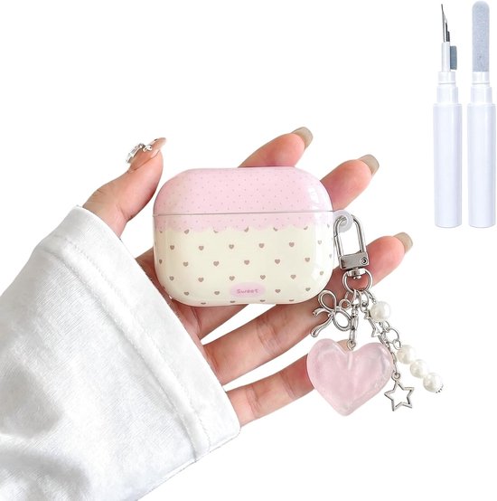 Hoesje compatibel met AirPods Pro 3 met reinigingsset, schattige roze stippen esthetisch ontwerp hart sleutelhanger meisjesachtig zachte TPU beschermhoes voor Airpods Pro 3e (2025) -beige