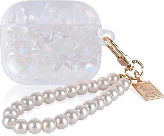 Hoesje compatibel voor Airpods 3 Generatie 2021 met parel armband sleutelhanger, beschermhoes met sprankelende parel ontwerp voor meisjes, schokbestendig anti-kras antislip TPU, glinsterend