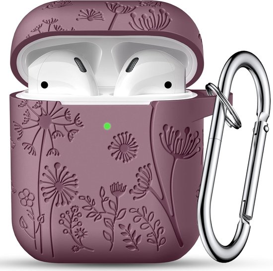 Hoesje met bloemengravure, compatibel met AirPods-hoes, schattige siliconen schokbestendige beschermhoes voor Airpods 2e en 1e generatie hoesje met karabijnhaak [LED zichtbaar] voor vrouwen