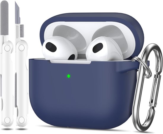 hoesje voor Airpods 3e generatie 2021, zachte siliconen beschermhoes voor Apple Airpods 3 met zichtbare LED aan de voorkant met reinigingsset, Middernachtblauw