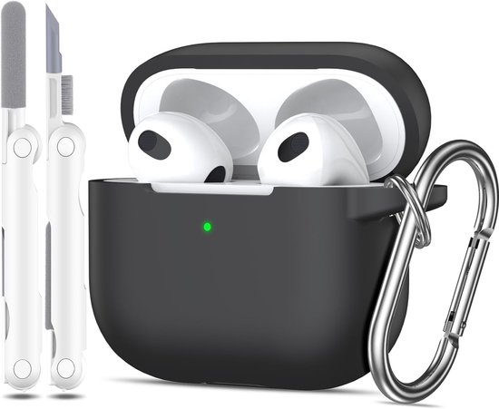 Hoesje voor Airpods 3e generatie 2021, zachte siliconen beschermhoes voor Apple Airpods 3 met zichtbare LED aan de voorkant met reinigingsset, Zwart
