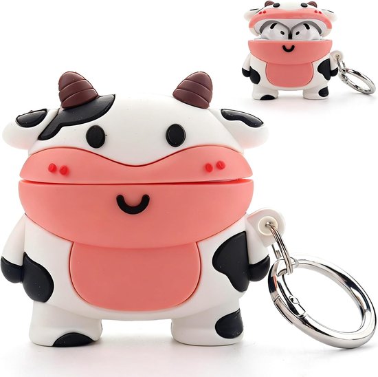 Hoesje voor AirPods 4, AirPods 4 koeienhoes, siliconen, cartoon, AirPods 4 generatie, Kawaii 3D koe AirPods 4 hoesje grappig dier beschermhoes met karabijnhaak (AirPods 4)