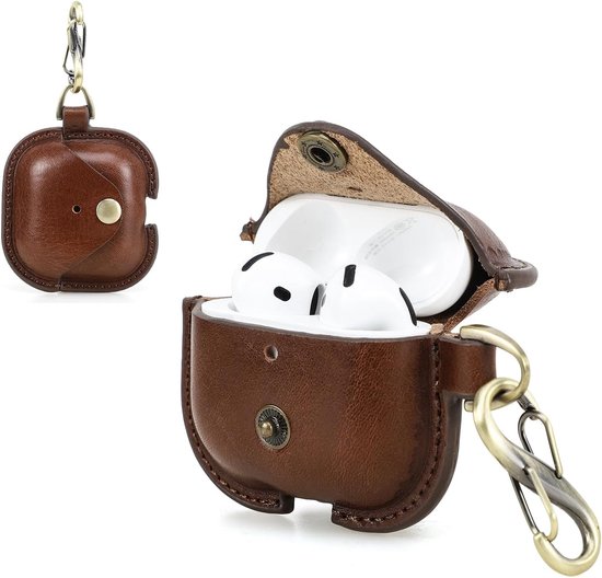 Hoesje voor AirPods 4, echt lederen Airpods 4 hoesje, compatibel met AirPods 4e generatie (2024) met sleutelhaak (koffiebruin)