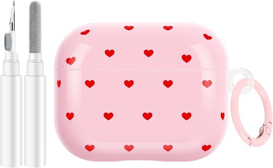 Hoesje voor AirPods Pro 3 met reinigingsset, schattig liefdeshart patroon hoesje met sleutelhanger ring voor meisjes vrouwen zachte TPU schokbestendige beschermhoes voor Airpods Pro 3e