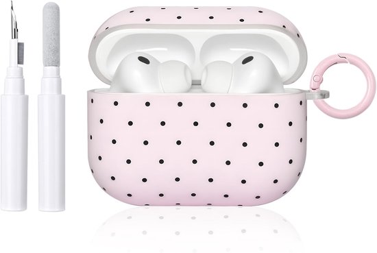 Hoesje voor AirPods Pro 3 met reinigingsset, schattig polkadot-patroon, esthetisch ontwerp voor meisjes en vrouwen, sleutelhanger, schokbestendige hoes voor Airpods Pro 3e generatie - roze