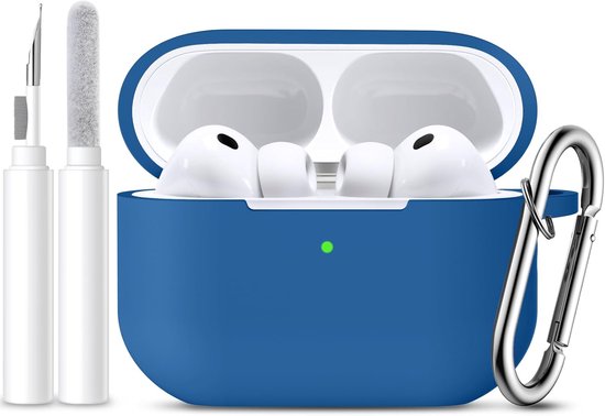 Hoesje voor AirPods Pro 3, volledige bescherming, valbescherming, compatibel met Apple AirPods Pro 3 hoes (2025), zachte siliconen hoes met reinigingsset en karabijnhaak, blauw