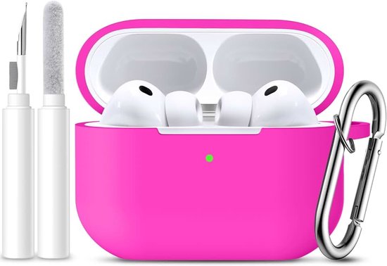 Hoesje voor AirPods Pro 3, volledige bescherming, valbescherming, compatibel met Apple AirPods Pro 3 hoes (2025), zachte siliconen hoes met reinigingsset en karabijnhaak, felroze