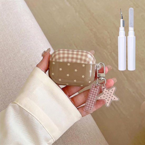 Hoesje voor AirPods Pro/Pro 2 met reinigingsset, schattig retro geruit esthetisch ontwerp ster sleutelhanger zachte TPU schokbestendige hoes voor Airpods Pro 2 - bruin geruit