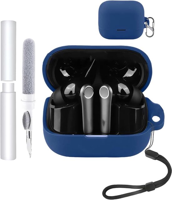 Hoesje voor EarFun Air Pro 4+, open-ear hoofdtelefoon, schokbestendig, toergy waterdicht, zacht en duurzaam, met koord, sleutelhanger en reinigingstool, blauw