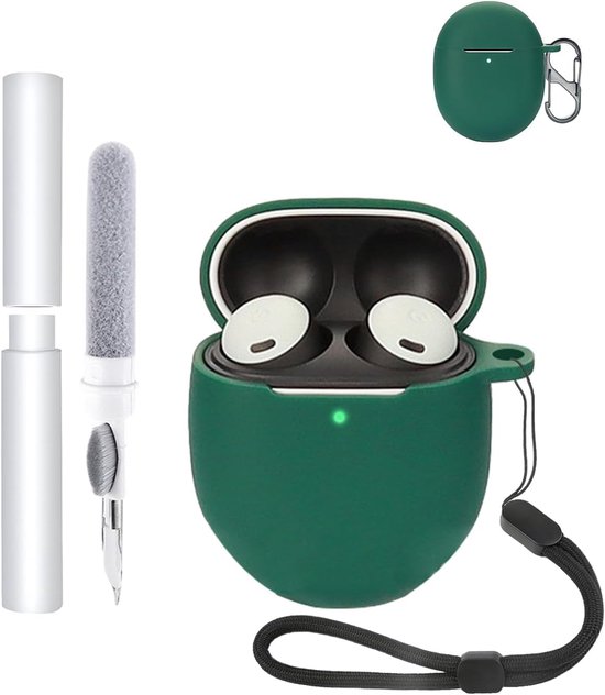 Hoesje voor Google Pixel Buds 2a oortelefoon, schokbestendig, toergy waterdicht, zacht en duurzaam, met koord, sleutelhanger en reinigingstool, donkergroen