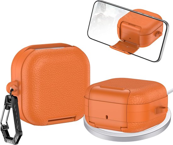 Hoesje voor Samsung Galaxy Buds 4 Pro met Karabijnhaak PWZ Oranje | Lederen Textuur Drop Protective Hard met Standaard en Veiligheidsslot voor Samsung Galaxy Buds 4 Pro