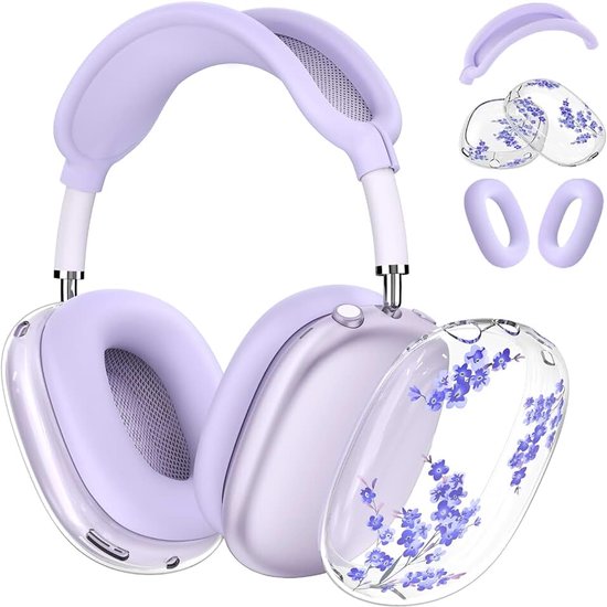 Hoesjes voor AirPods Max hoofdtelefoon, transparante bloemenpatroon beschermhoesjes van zacht TPU voor de oorkussens, transparant hoesje voor AirPods Max, Paars