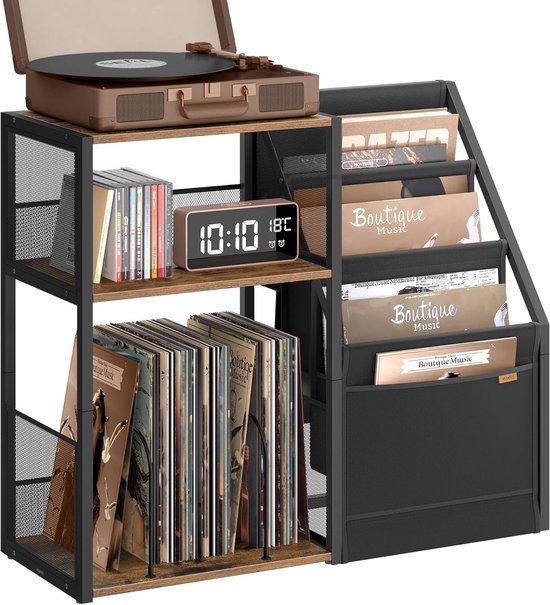 Homesy LP Speler Meubel - Platenspeler meubel - Platenspelerkast - LP Kast - Vinylkast - LP opbergkast - 30×81×69 cm-Platenspeler Standaard met Platenopslag – 3 Etages – Voor ca. 140 LP’s – Bijzettafel & Vinylrek – Industrieel Design
