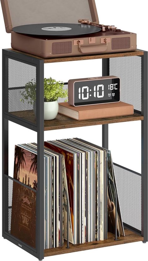 Homesy Platenspeler Standaard - 3 Etages - Bijzettafel - Opbergrek voor Vinylplaten - Tot 100 Albums - Vintage Bruin