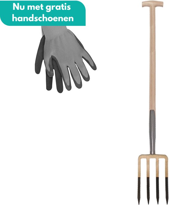 HomGar – Spitvork -Tuinvork – Mestvork – Stalvork – Bladvork - Hooivork - 4 tanden - Essenhouten steel 85 cm – Nu met GRATIS handschoenen van HomGar