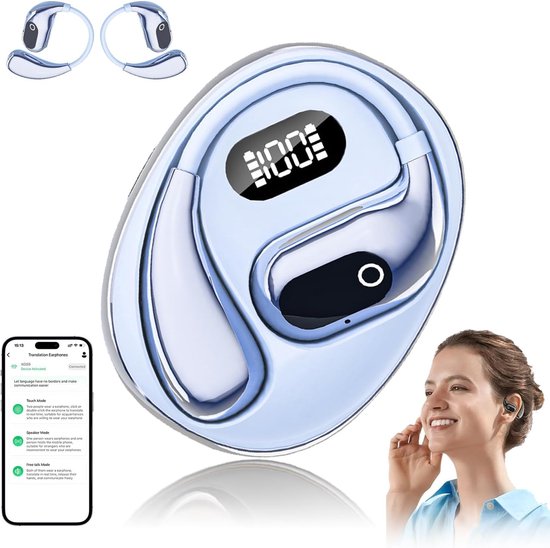 Hoofdtelefoon met AI-vertalingsfunctie, spraakvertaling oortelefoon met ondersteuning voor 138 talen, open luchtvertaler, vertaling Bluetooth-oortelefoon (azuurblauw)