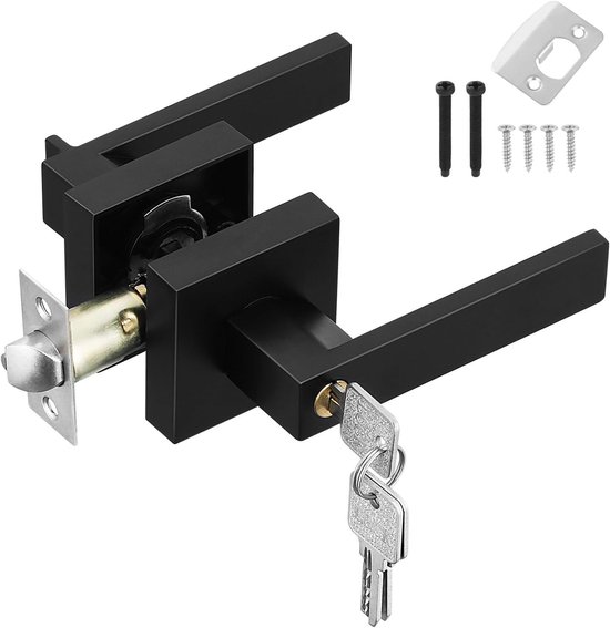 HSEAMALL Door Handle Lock, Black Interior Door Handle with Lock and Key, Square Entrance Door Handle for Bedroom, Office, Left or Right Handed van HSEAMALL