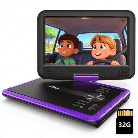 ieGeek Draagbare DVD Speler Auto - 11.5 Inch - 9,5 Inch Oogbeschermend Scherm - mit 32GB Karrt - TV/USB/SD - Draaibaar Scherm - 5 Uur Oplaadbare Batterij - voor Kinderen en in de Auto - Paars