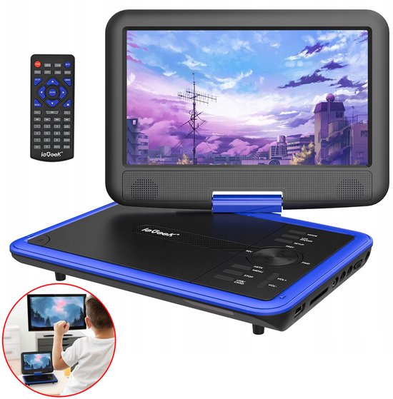 ieGeek IK-902 11" Portable dvd speler met 9" groot HD-draaischerm, 6 uur oplaadbare batterij, ondersteuning voor USB/SD-kaart/Sync TV en meerdere schijfformaten, geen regiobeperking, luidspreker met hoog volume, blauw van ieGEEK