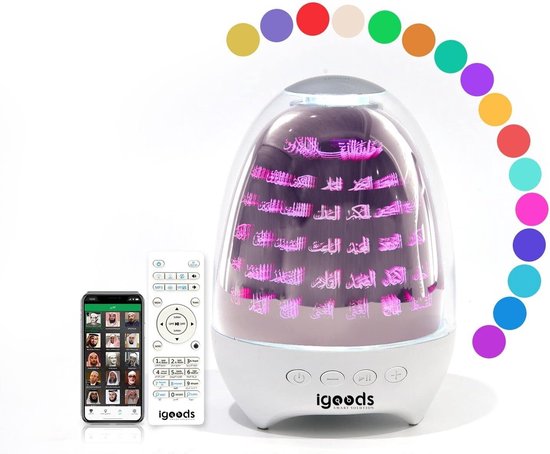 Igoods Koran Speaker - Koran Voor Jong en Oud - 3D 99 Namen van Allah - App Compatibel - Nachtlampje Bluetooth Speaker - Koran in 16 Talen - 16 Reciteurs van Igoods
