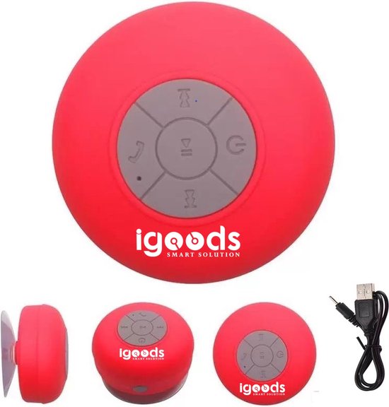 IGOODS Waterdichte Bluetooth Speaker - met Zuignap - Ingebouwde microfoon - Bluetooth 3.0 - Badkamer & Douche Speaker - Rood van Igoods