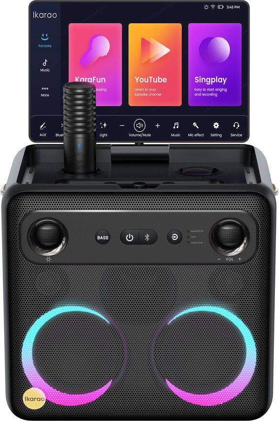 Ikarao Karaoke set voor Volwassenen - Break X2 - 2 Draadloze Microfoons - 600W - Gratis Karaoke App 6 maanden - HD scherm - Zwart