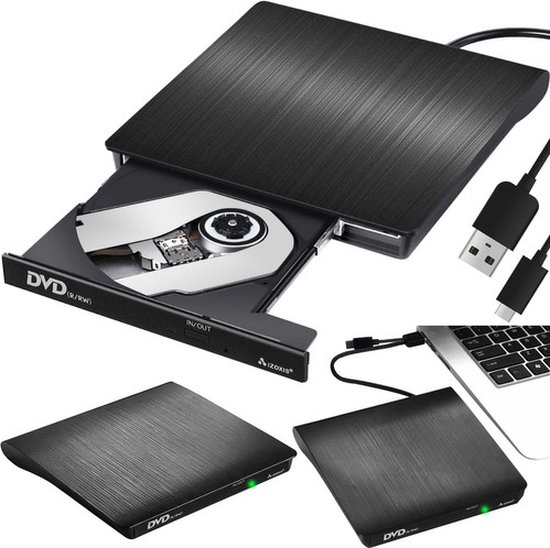 Izoxis Externe DVD speler en brander - voor Laptop & Macbook - DVD/CD - Met USB 3.0 en USB-C adapter - Optische drive - Plug & Play van IZOXIS