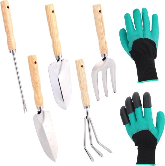 Jhubers Goods - Tuingereedschap Set - Handgereedschap - Roestvrij Staal - Houten Handvat - Stevig - Latex Handschoenen - Tuincadeaus - Geschikt voor Tuinieren - Groen RVS Materiaal - Complete Set voor Tuinliefhebbers met Handschoenen van JHubers Goods