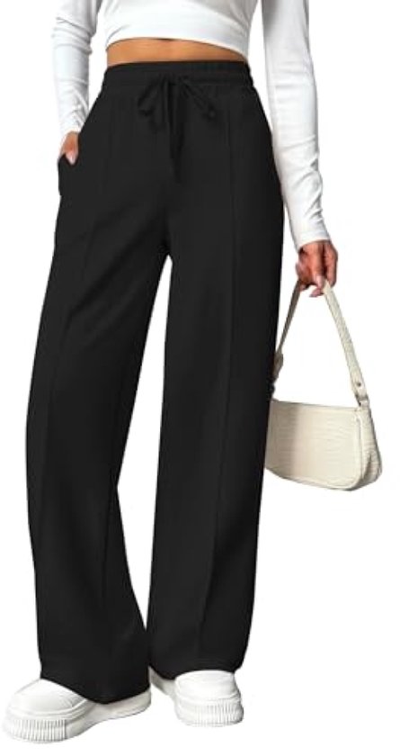 Joggingbroek voor dames, hoge taille, wijde pijpen, elastische tailleband, trainingsbroek met zakken, zwart, L van Merkloos