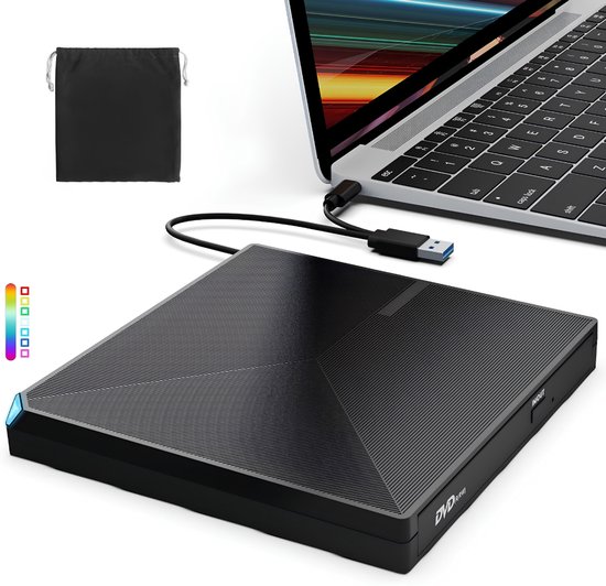 KAD® DVD Speler - USB 3.0 en Type-C - DVD Speler Laptop - DVD Brander - Zwart - 15cm x 15cm x 2cm van kad