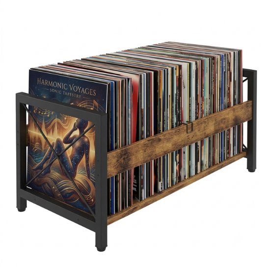 Kaëru Vinyl LP Opbergrek - Verstelbare Metalen Stang - Industriële LP Houder - voor 12 Inch Vinyl, Boeken - Vintage Bruin met Zwart Metaal - LP Opbergsysteem - Boekensteun