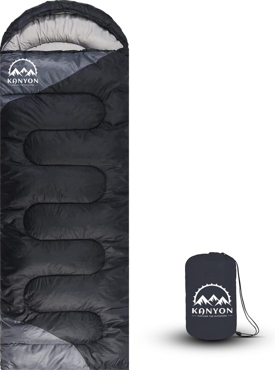 Kanyon Premium Slaapzak - Slaapzakken Volwassenen - Mummy Slaapzak - ca. 220 x 80 cm - 1.6kg - Zwart/Grijs - Comfortzone: 5 tot 16 graden - incl. Draagtas van Kanyon
