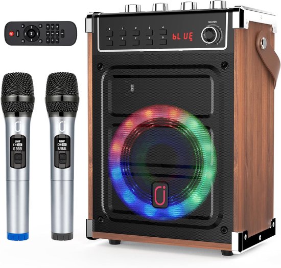 Karaoke Machine - Karaokeset met 2 Draadloze Microfoons - Bluetooth Speaker - Mobiel Karaoke Systeem - Oplaadbaar - PA Systeem - Bruin