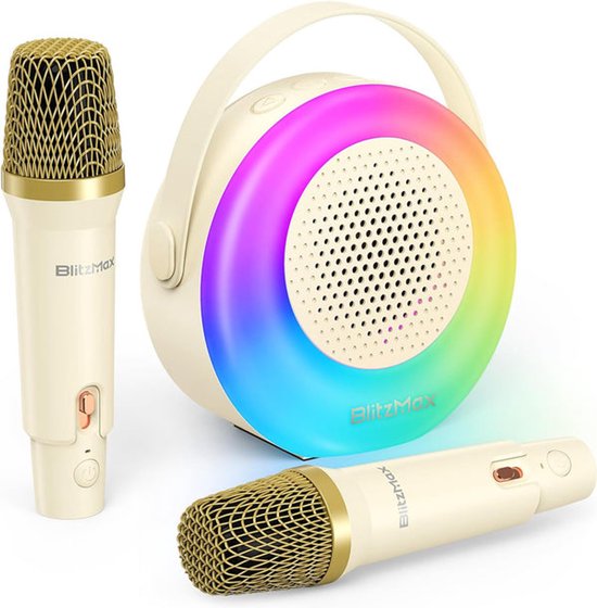Karaoke-machine met 2 draadloze microfoons, Bluetooth-karaoke-luidspreker voor kinderen en volwassenen - Beige