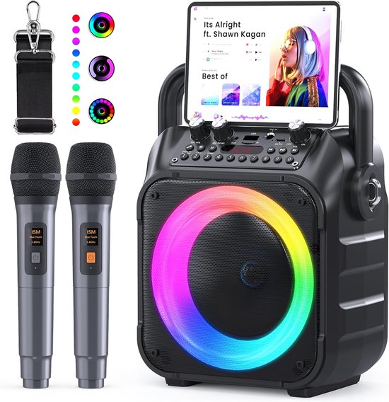 Karaoke Machine met 2 microfoons, draagbare karaokemachine voor volwassenen en kinderen, Bluetooth-luidspreker met PA-systeem, ondersteunt TWS/FM/AUX/USB/TF/REC voor feestjes, verjaardagen en thuisgebruik (zwart)
