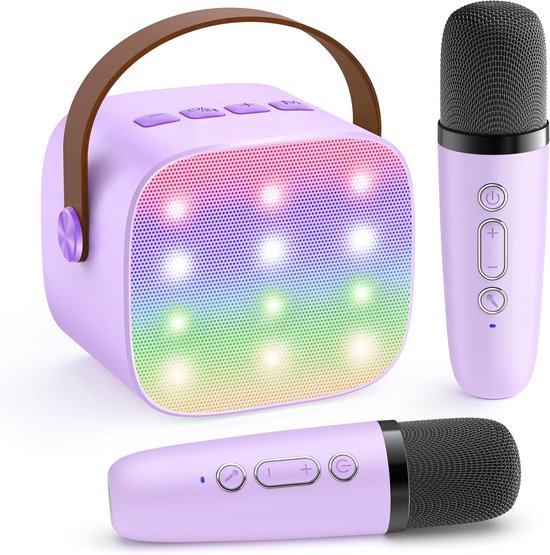 Karaoke Machine voor Kinderen - Mini duo karaoke set party speaker-Draagbare Mini Speaker met 2 Draadloze Microfoons - Cadeau voor Meisjes 3-10+ Jaar - Paars - 1 Set