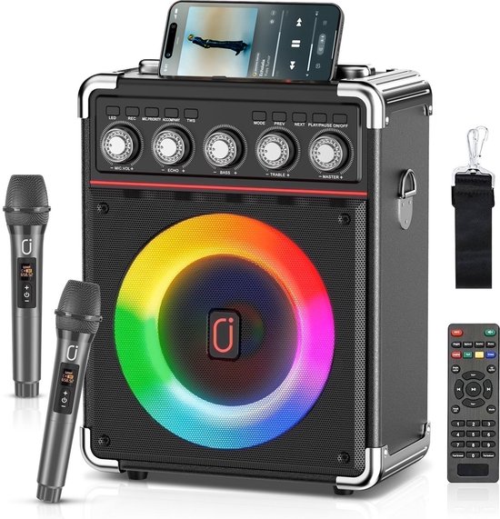 Karaoke Set Volwassenen - Draagbare Bluetooth Speaker Partybox - 2 Draadloze Microfoons - Bluetooth 5.0 - 16.5cm Subwoofer - 3D Geluid & Afstandsbediening