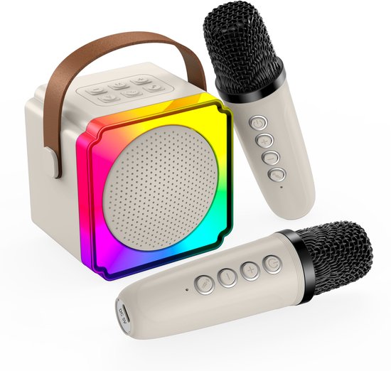Karaoke Set voor Kinderen met Bluetooth Speaker van MMOBIEL – Met 2 Draadloze Microfoons, LED-verlichting, Geluidseffecten – Feest, Cadeau voor Meisje, Jongen, Kinderen 3+ jaar – Beige