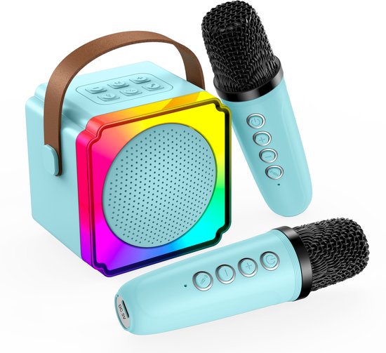 Karaoke Set voor Kinderen met Bluetooth Speaker van MMOBIEL - Met 2 Draadloze Microfoons, LED-verlichting, Geluidseffecten - Feest, Cadeau voor Meisje, Jongen, Kinderen 3+ jaar - Blauw