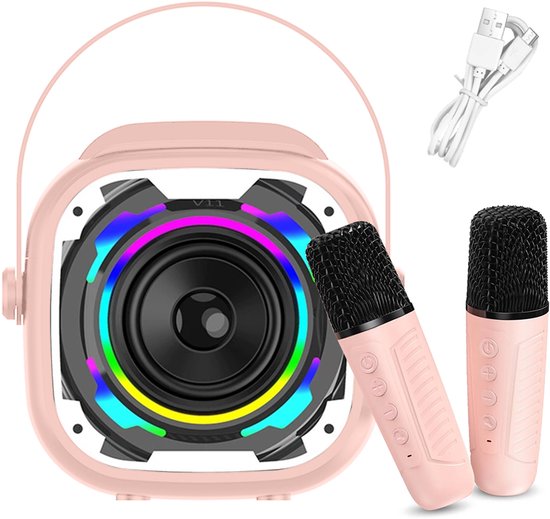 Karaokeset voor kinderen - Uitgerust met 2 microfoons - Bluetooth-luidspreker - Met RGB-verlichting - Draadloze draagbare luidspreker - LED-verlichting - 1200 mAh batterij - Afspelen via USB-stick - Roze