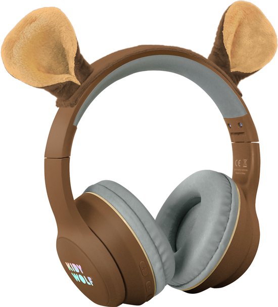 KIDYWOLF KIDYEARS Kinder Koptelefoon Beer - 85dB, Bluetooth & Jack, Opvouwbaar, Magnetische Oortjes, 4+