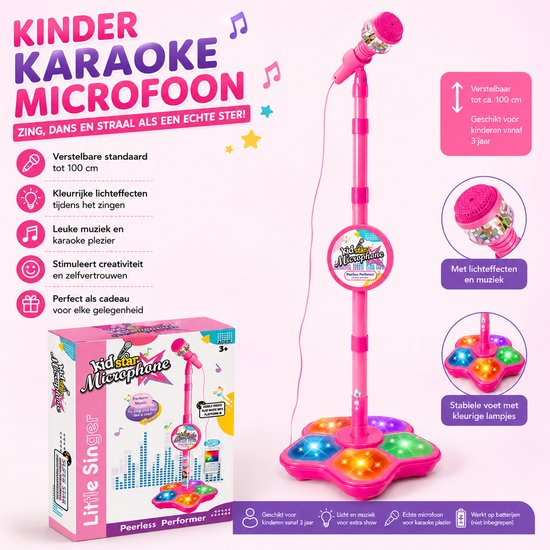 Kinder Karaoke Microfoon met Standaard - Verstelbaar - Licht & Muziek - Roze - Speelgoed Microfoon voor Kinderen