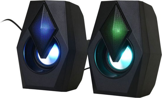 Kleurveranderende gaming speakerset met licht, USB-C en 3,5mm aansluiting.