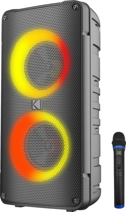Kodak Portable Party Speaker PRPS-1775 - Double Woofer 4 ”, Bluetooth, TWS, USB / TF, AUX Input & Karaoke Mic, Disco Light Effects, 3000mAh Battery, Wireless Microphone Inbegrepen - Zwart