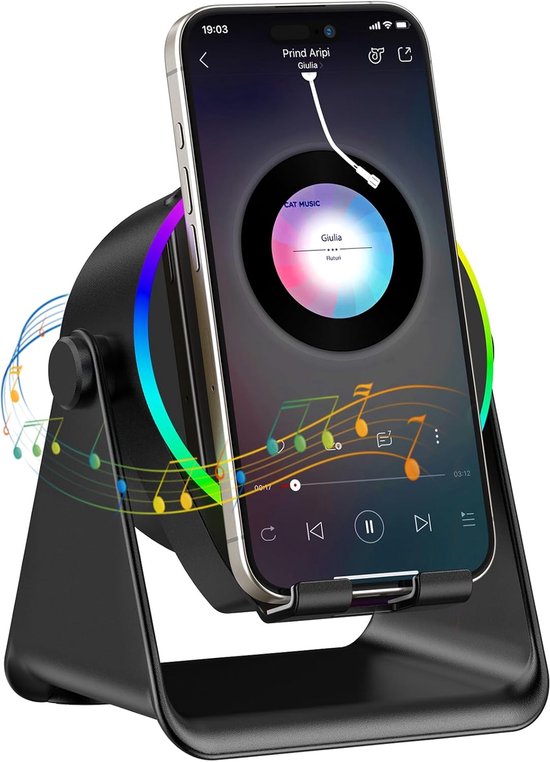 Kraftverdia - 5-in-1 Wireless Mini RGB Speaker - Telefoonhouder - Telefoonhouders Auto - Magnetisch - Bluetooth Speaker - Draadloze Oplader - Wireless charger - GSM Lader - 360° verstelbare houder voor iPhone/Android/iPad/Samsung - Cadeau van Merkloos