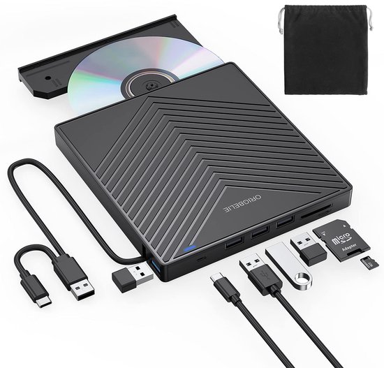 Kraftverdia Externe DVD-brander CD/DVD-station Extern - 8-in-1 Multifunctioneel Station - Met USB 3.0 Hub & Kaartlezer - USB 3.0 & Type-C - Hoge Snelheid 8x DVD 24x CD - Plug & Play - Geschikt voor Laptop zonder ingebouwde Drive