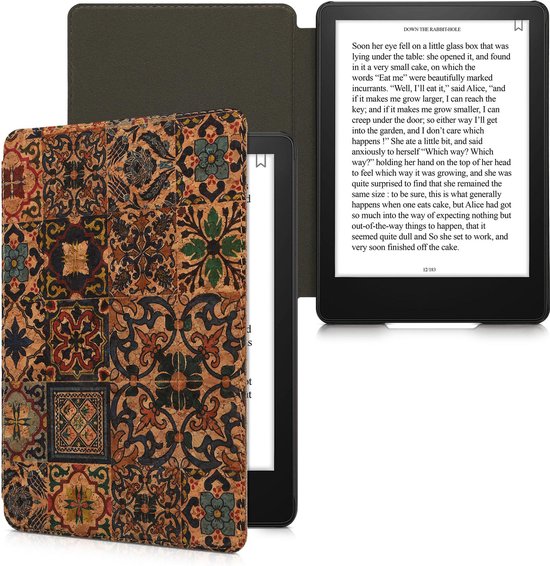 kwmobile Cover geschikt voor Amazon Kindle Paperwhite 11e Generatie 2021 - Kurk eReader beschermhoes - Tegelpatroon Bruin Blauw Rood van kwmobile
