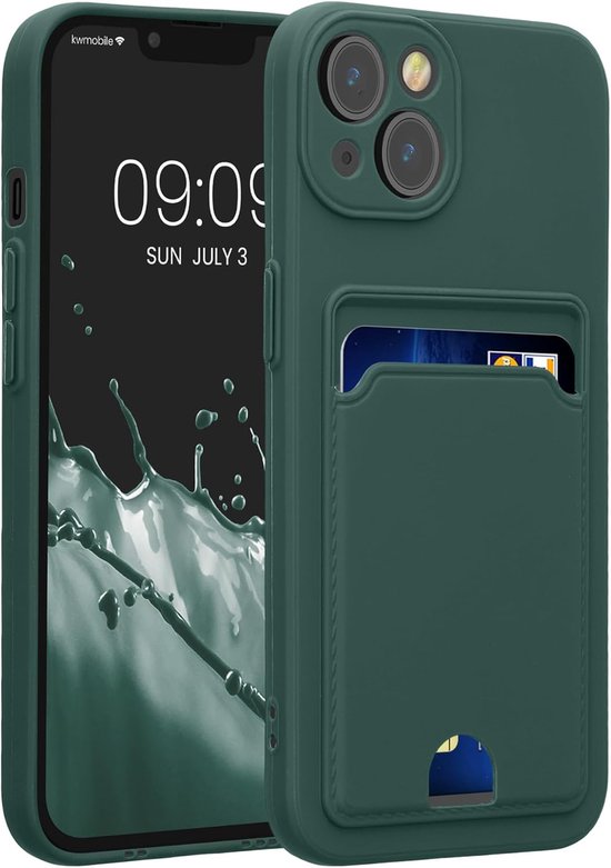 Kwmobile In-Ear Oordopjes Etui compatibel met Apple iPhone 13 Hoes – Cord Cover Case – Afmetingen - donkergroen