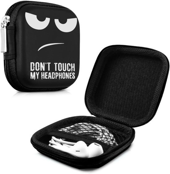 kwmobile Tasje voor oordopjes - Beschermhoes voor oordoppen - Etui voor oordopjes - Harde case in wit/zwart/zwart - Don't Touch My Headphones